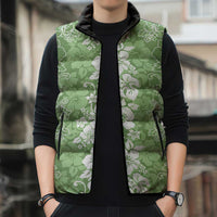 Hawaiian Lei Day Sleeveless Puffer Jacket Green Hibiscus Flowers Lei Art - Polynesian Pride