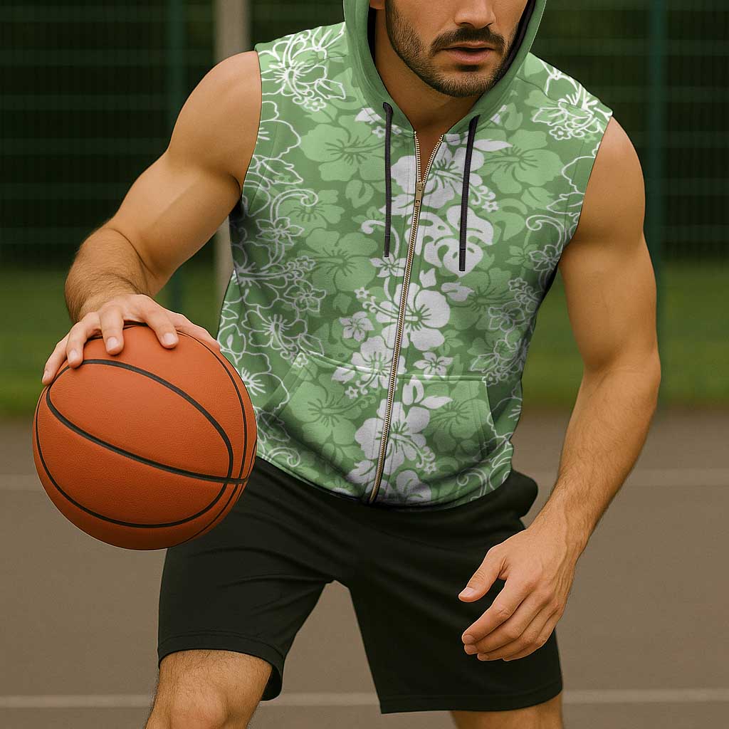 Hawaiian Lei Day Sleeveless Zip Hoodie Green Hibiscus Flowers Lei Art - Polynesian Pride