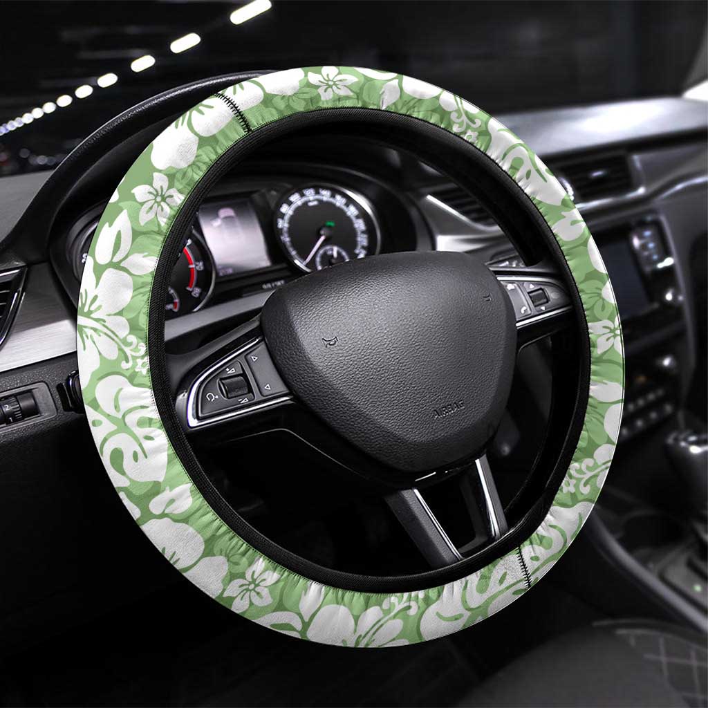 Hawaiian Lei Day Steering Wheel Cover Green Hibiscus Flowers Lei Art