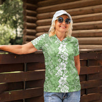 Hawaiian Lei Day Women Polo Shirt Green Hibiscus Flowers Lei Art