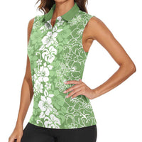 Hawaiian Lei Day Women Sleeveless Polo Shirt Green Hibiscus Flowers Lei Art