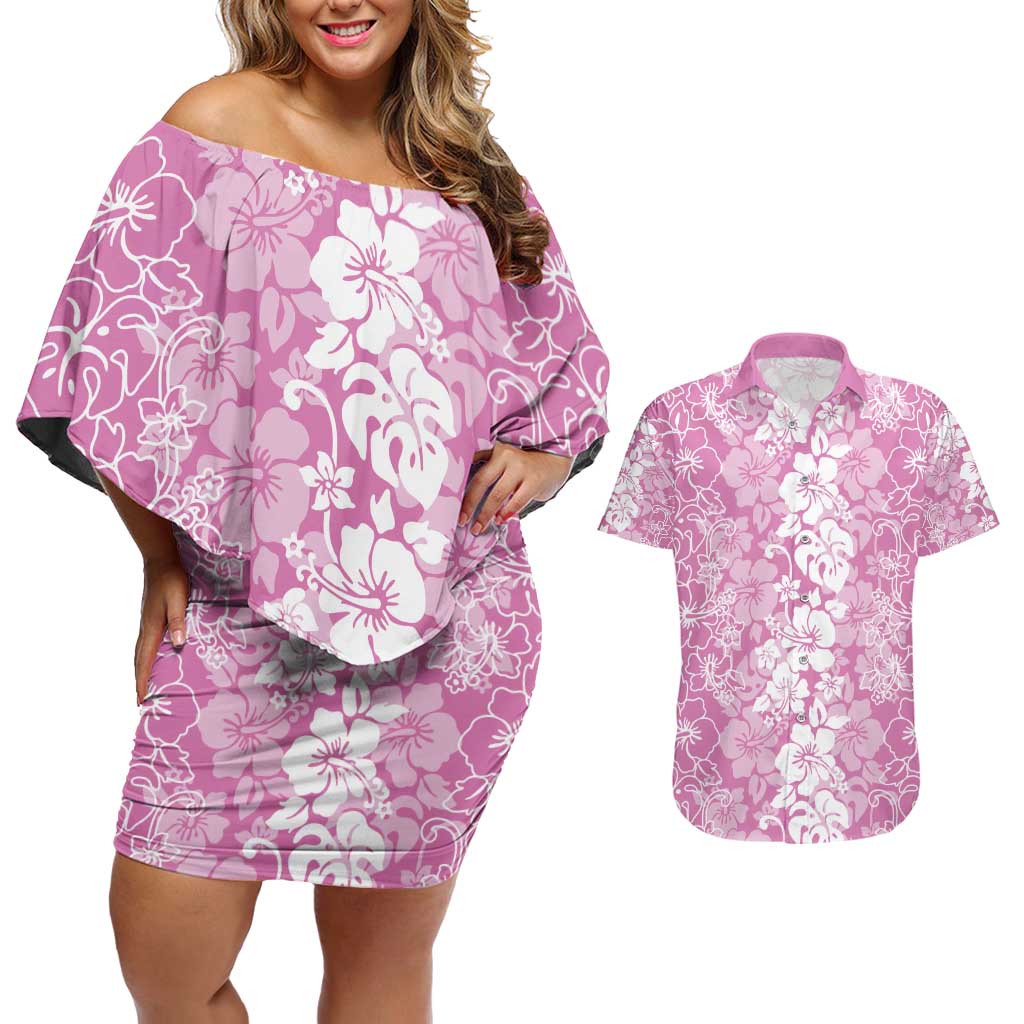 Hawaiian Lei Day Couples Matching Off Shoulder Short Dress and Hawaiian Shirt Pink Hibiscus Flowers Lei Art