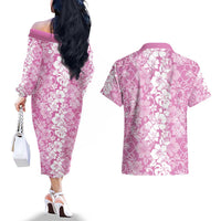 Hawaiian Lei Day Couples Matching Off The Shoulder Long Sleeve Dress and Hawaiian Shirt Pink Hibiscus Flowers Lei Art