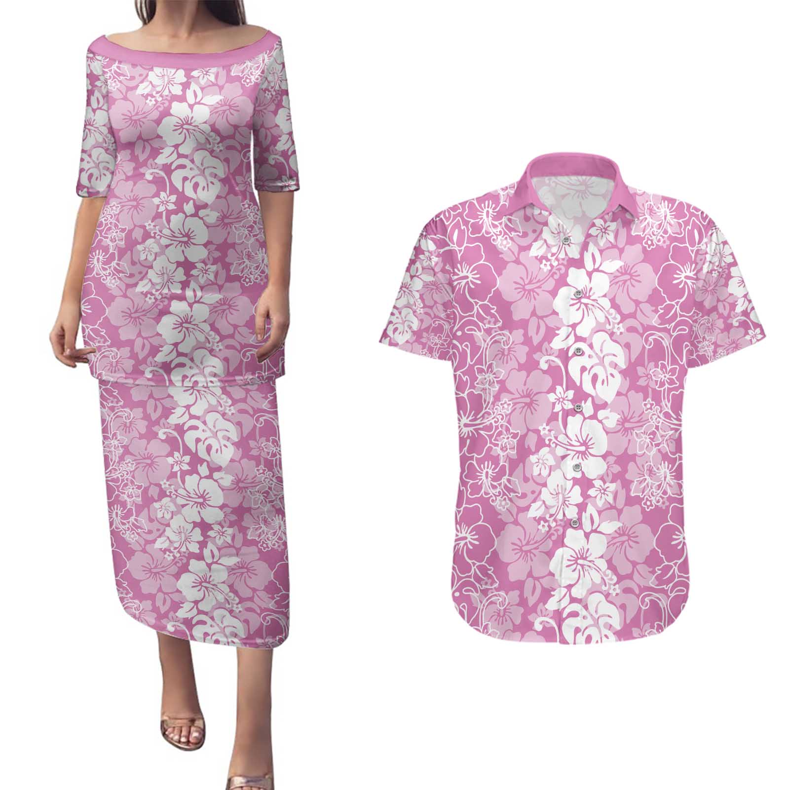 Hawaiian Lei Day Couples Matching Puletasi and Hawaiian Shirt Pink Hibiscus Flowers Lei Art