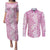 Hawaiian Lei Day Couples Matching Puletasi and Long Sleeve Button Shirt Pink Hibiscus Flowers Lei Art