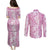 Hawaiian Lei Day Couples Matching Puletasi and Long Sleeve Button Shirt Pink Hibiscus Flowers Lei Art