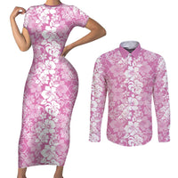 Hawaiian Lei Day Couples Matching Short Sleeve Bodycon Dress and Long Sleeve Button Shirt Pink Hibiscus Flowers Lei Art