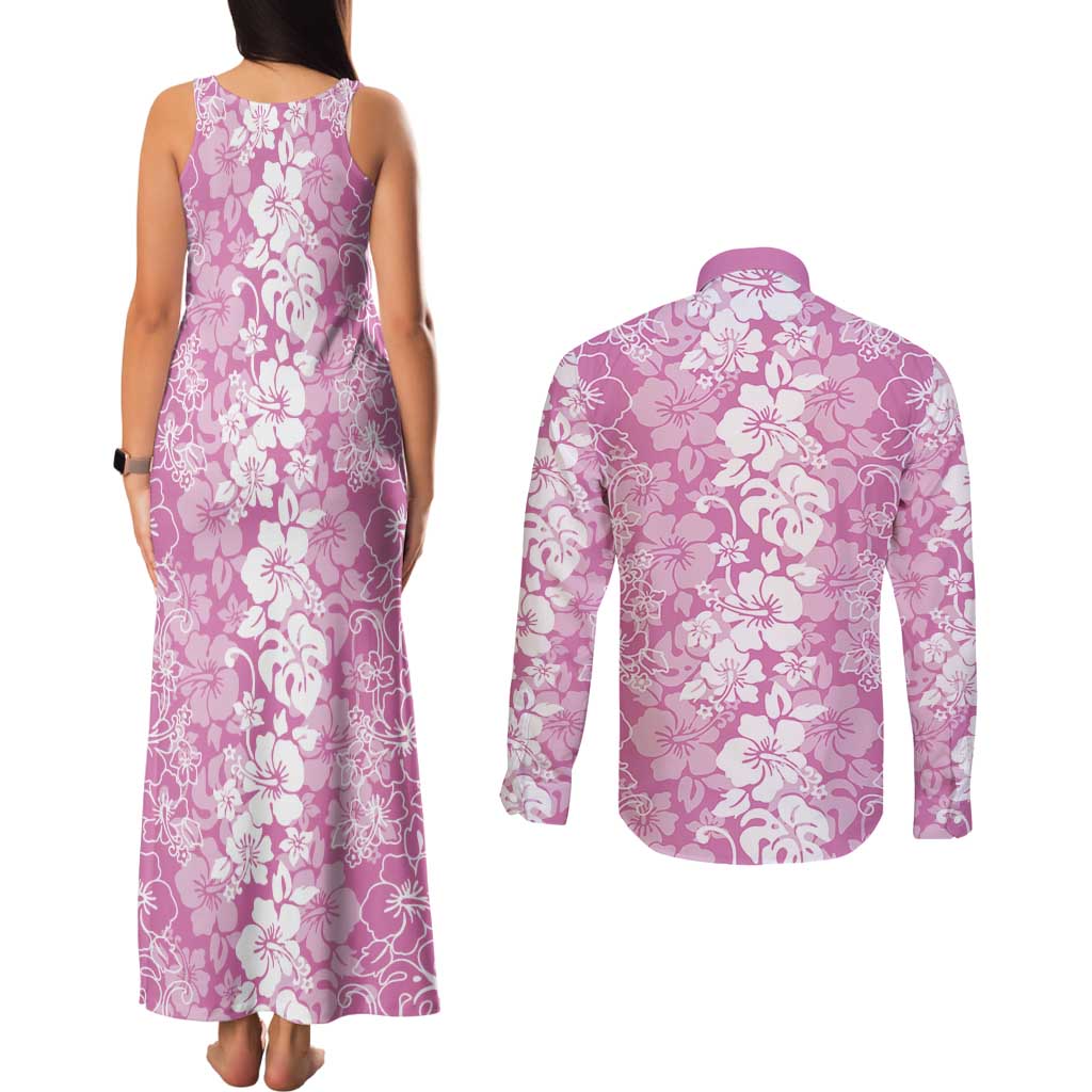Hawaiian Lei Day Couples Matching Tank Maxi Dress and Long Sleeve Button Shirt Pink Hibiscus Flowers Lei Art