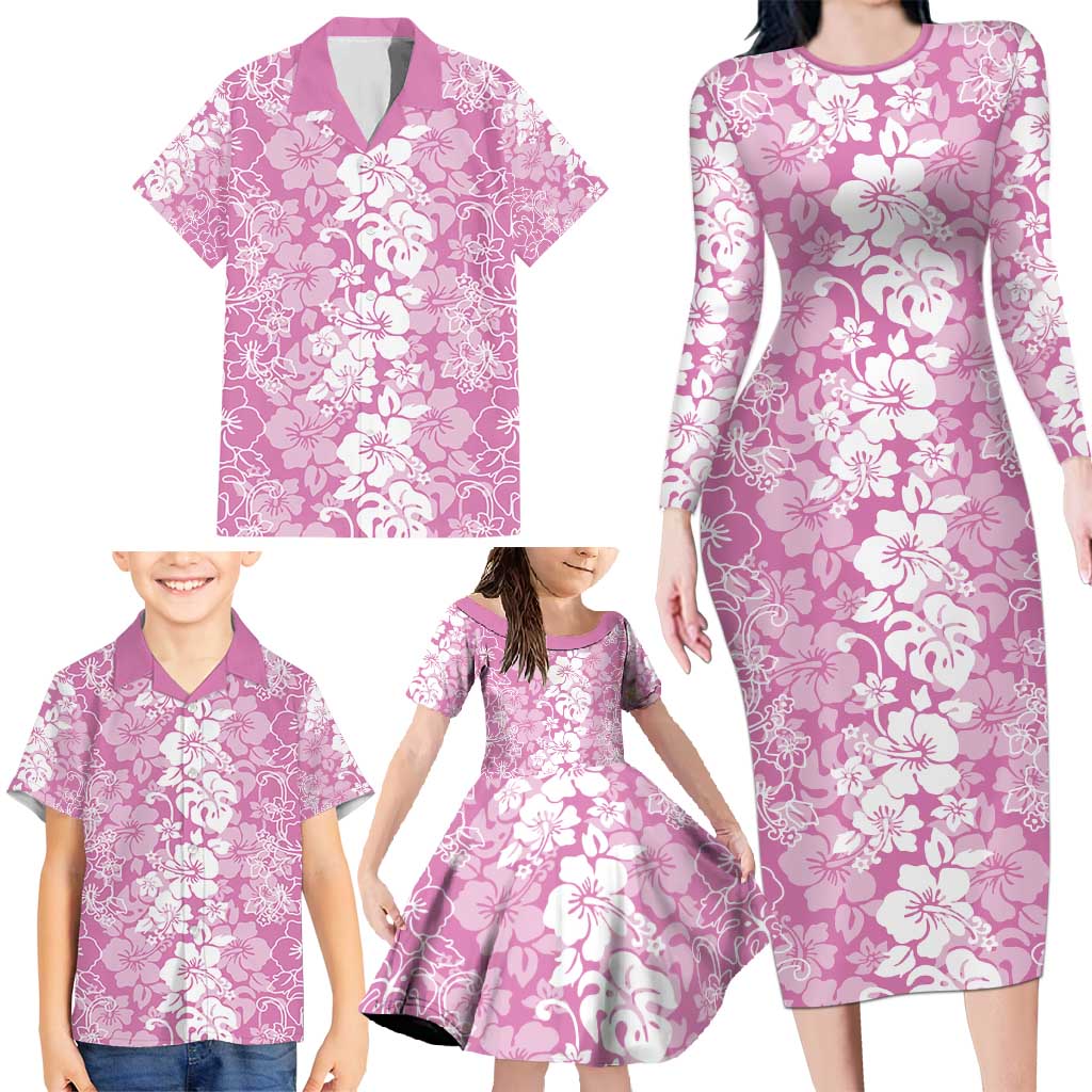 Hawaiian Lei Day Family Matching Long Sleeve Bodycon Dress and Hawaiian Shirt Pink Hibiscus Flowers Lei Art