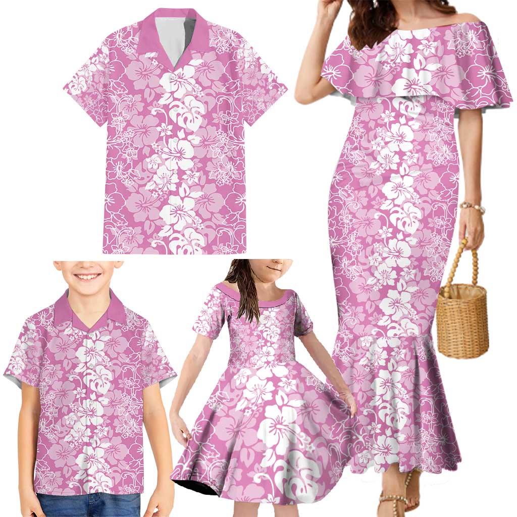 Hawaiian Lei Day Family Matching Mermaid Dress and Hawaiian Shirt Pink Hibiscus Flowers Lei Art