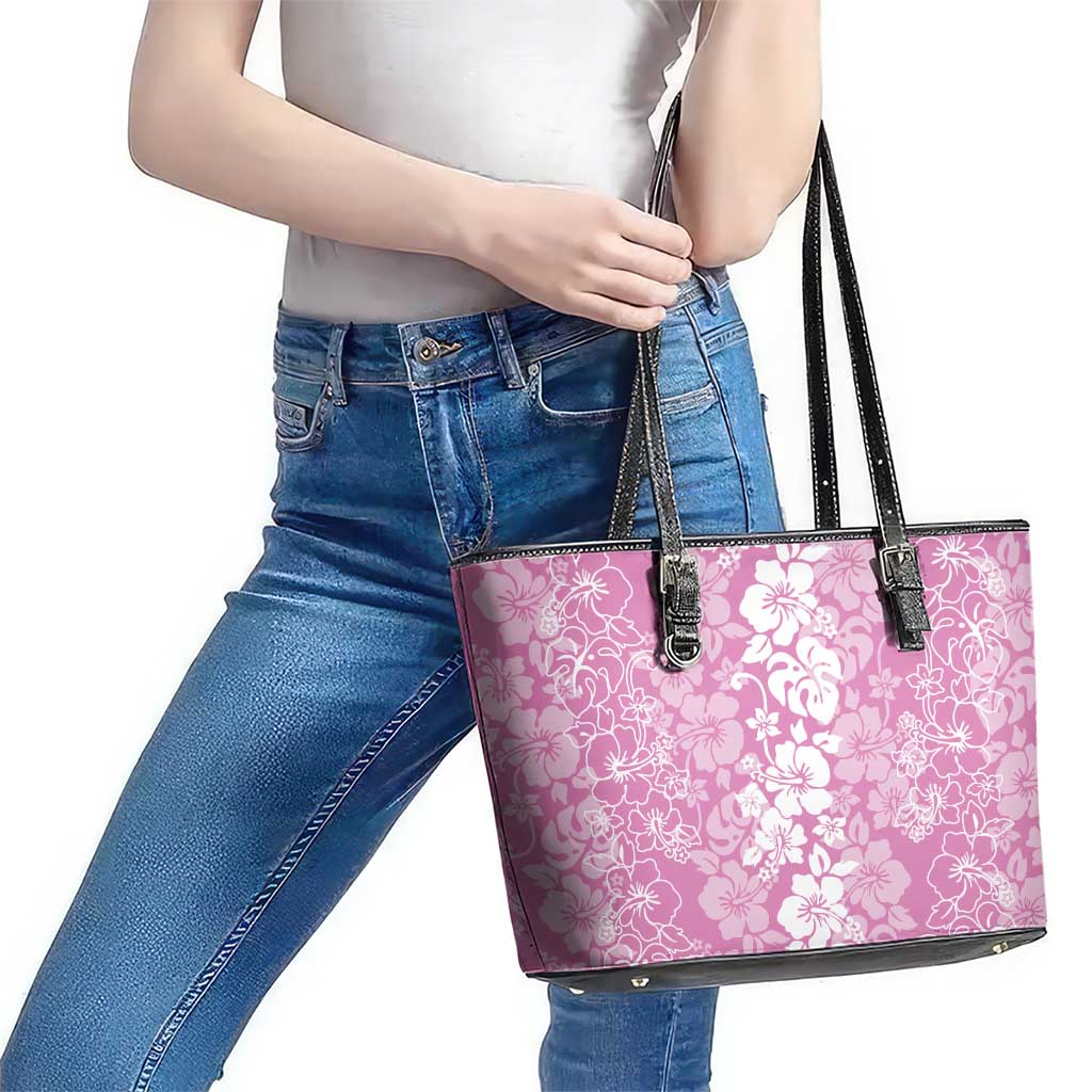 Hawaiian Lei Day Leather Tote Bag Pink Hibiscus Flowers Lei Art