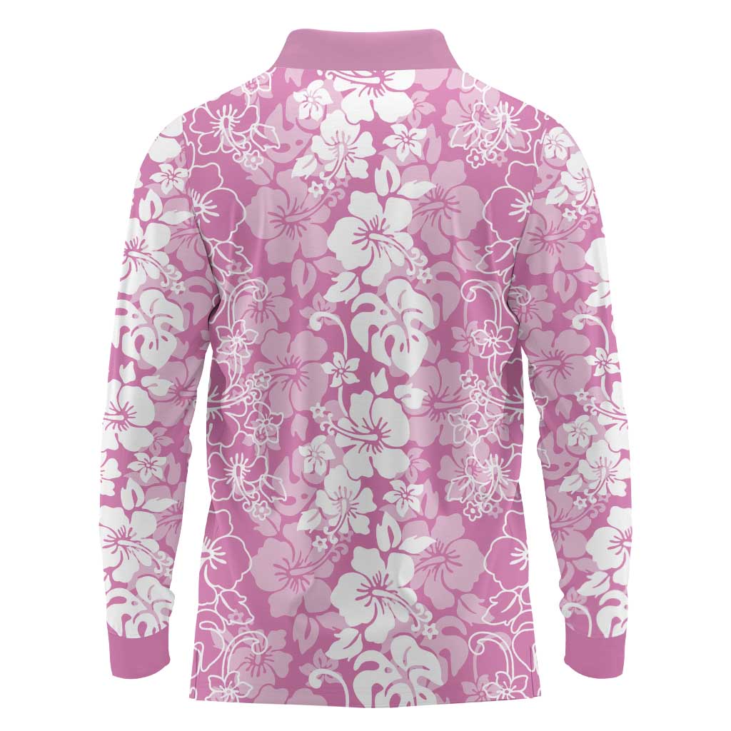 Hawaiian Lei Day Long Sleeve Polo Shirt Pink Hibiscus Flowers Lei Art