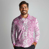 Hawaiian Lei Day Long Sleeve Polo Shirt Pink Hibiscus Flowers Lei Art