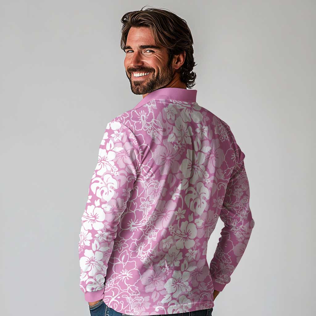 Hawaiian Lei Day Long Sleeve Polo Shirt Pink Hibiscus Flowers Lei Art