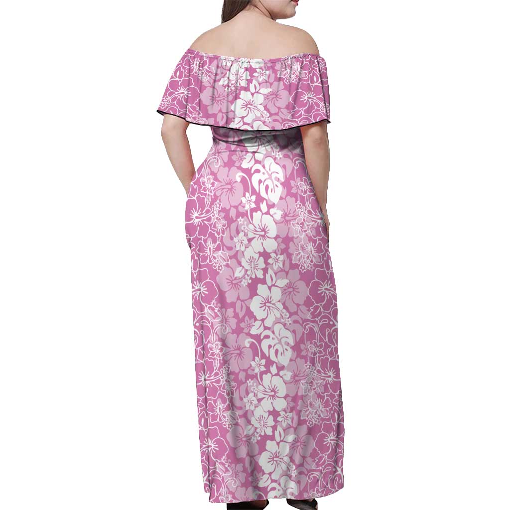 Hawaiian Lei Day Off Shoulder Maxi Dress Pink Hibiscus Flowers Lei Art