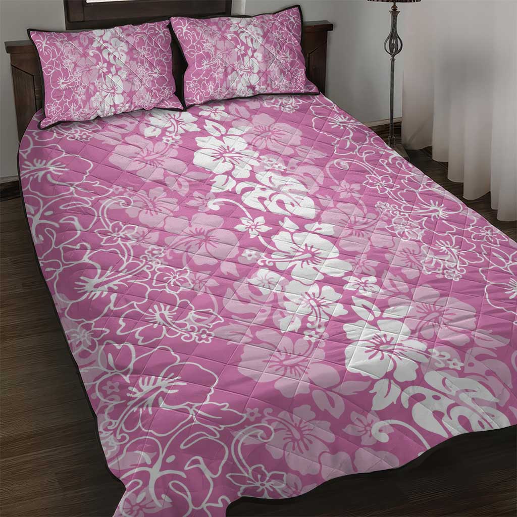 Hawaiian Lei Day Quilt Bed Set Pink Hibiscus Flowers Lei Art