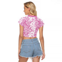 Hawaiian Lei Day Raglan Cropped T Shirt Pink Hibiscus Flowers Lei Art