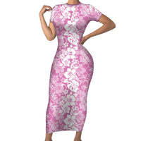 Hawaiian Lei Day Short Sleeve Bodycon Dress Pink Hibiscus Flowers Lei Art
