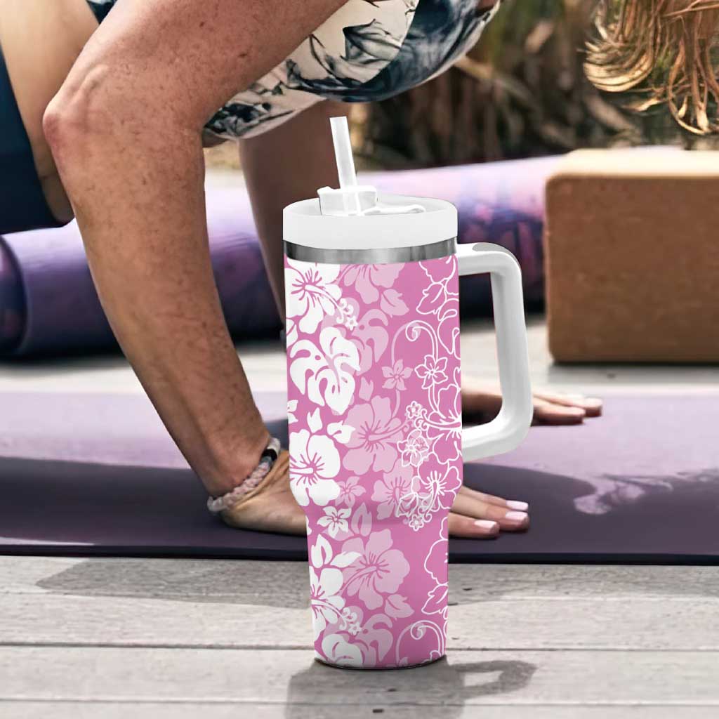 Hawaiian Lei Day Tumbler With Handle Pink Hibiscus Flowers Lei Art