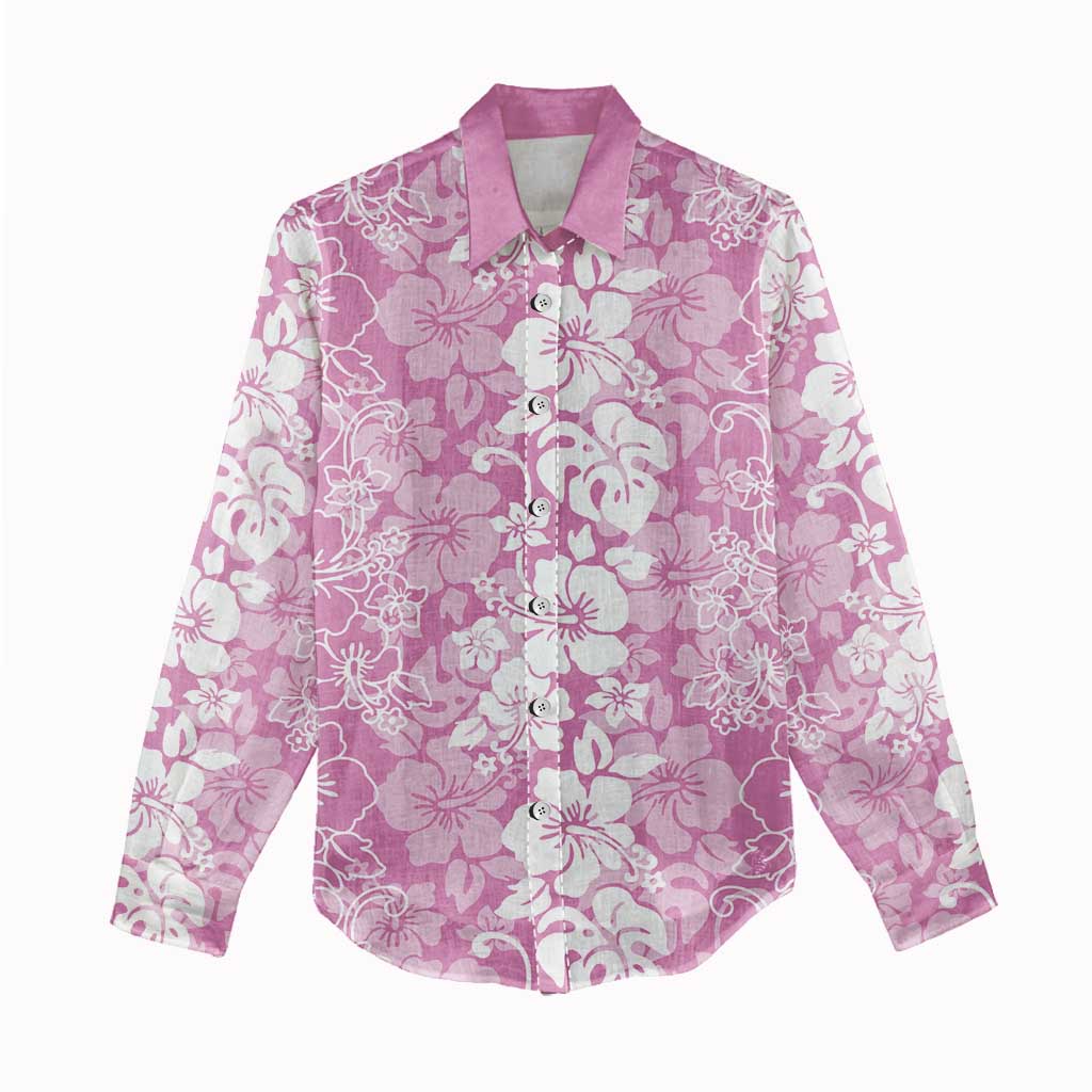 Hawaiian Lei Day Women Casual Shirt Pink Hibiscus Flowers Lei Art