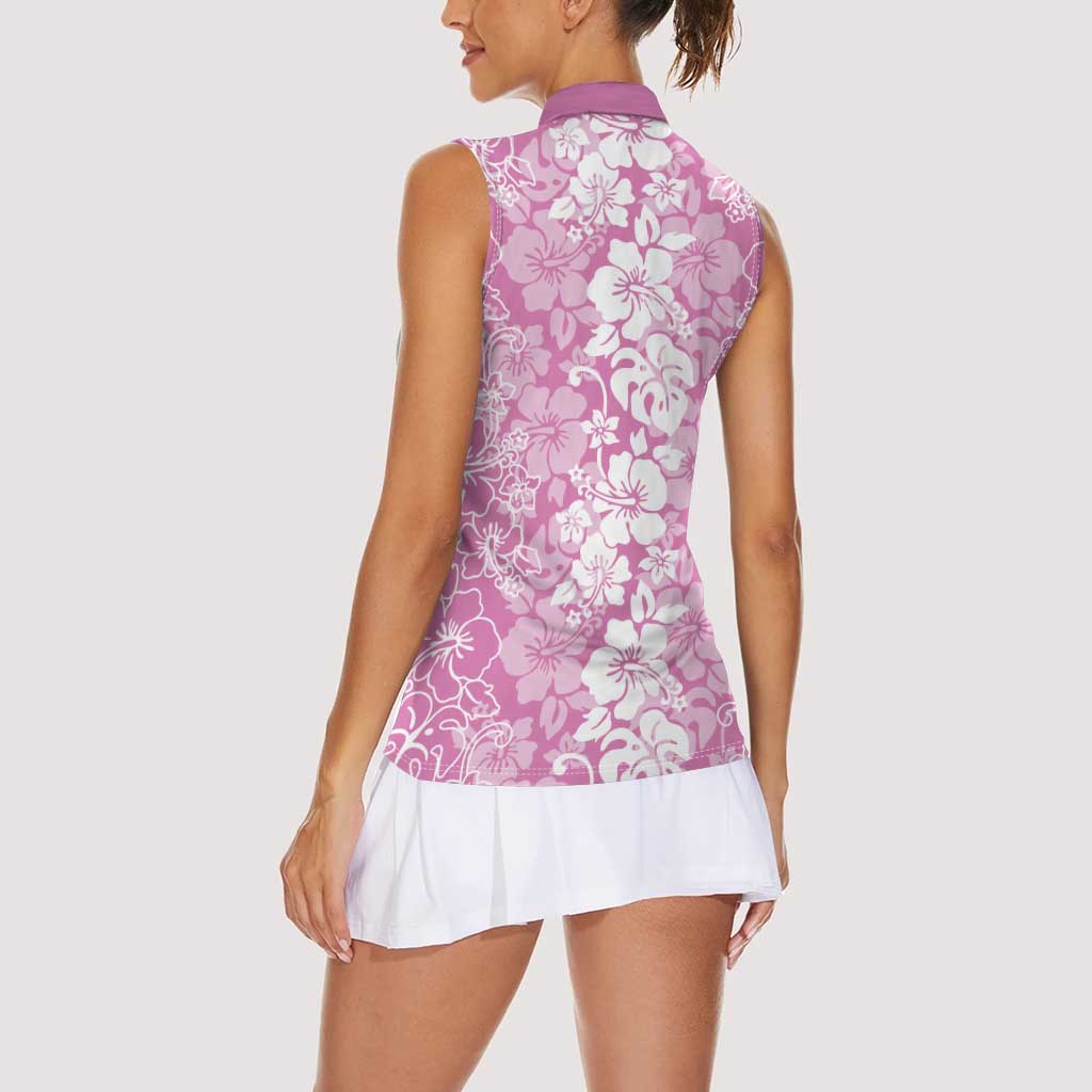 Hawaiian Lei Day Women Sleeveless Polo Shirt Pink Hibiscus Flowers Lei Art
