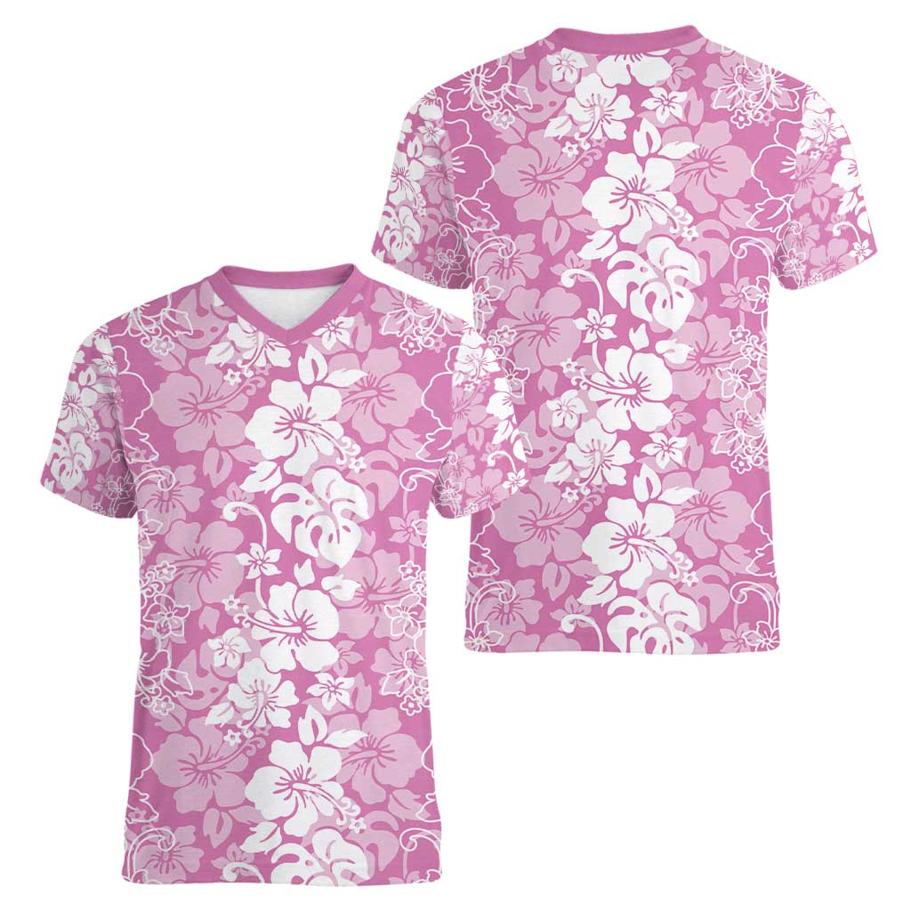 Hawaiian Lei Day Women V-Neck T-Shirt Pink Hibiscus Flowers Lei Art