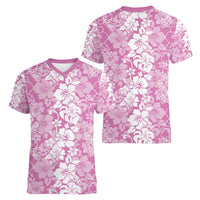 Hawaiian Lei Day Women V-Neck T-Shirt Pink Hibiscus Flowers Lei Art