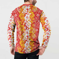 Hawaiian Lei Day Button Sweatshirt Red Hibiscus Flowers Lei Art