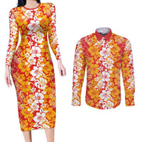Hawaiian Lei Day Couples Matching Long Sleeve Bodycon Dress and Long Sleeve Button Shirt Red Hibiscus Flowers Lei Art