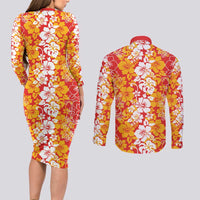 Hawaiian Lei Day Couples Matching Long Sleeve Bodycon Dress and Long Sleeve Button Shirt Red Hibiscus Flowers Lei Art