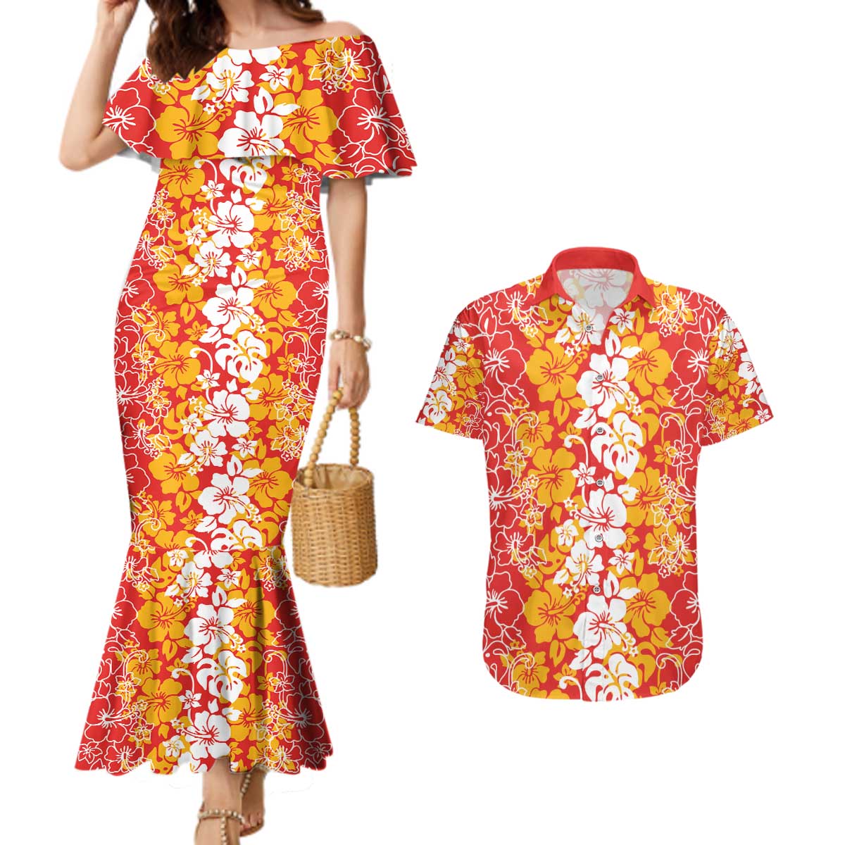 Hawaiian Lei Day Couples Matching Mermaid Dress and Hawaiian Shirt Red Hibiscus Flowers Lei Art