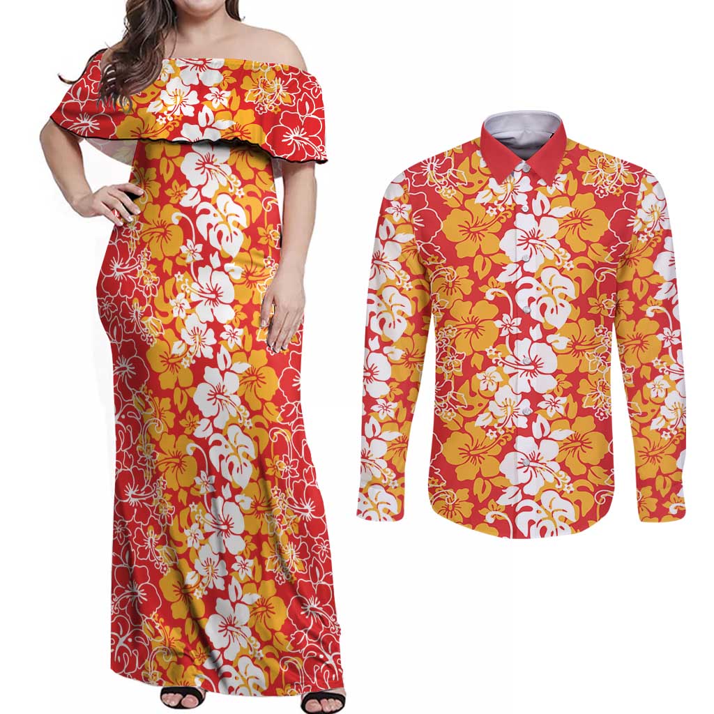 Hawaiian Lei Day Couples Matching Off Shoulder Maxi Dress and Long Sleeve Button Shirt Red Hibiscus Flowers Lei Art