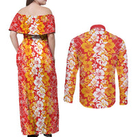 Hawaiian Lei Day Couples Matching Off Shoulder Maxi Dress and Long Sleeve Button Shirt Red Hibiscus Flowers Lei Art