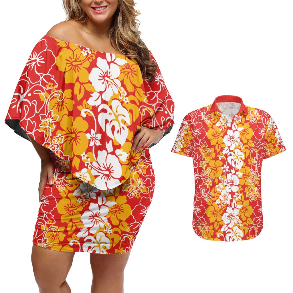 Hawaiian Lei Day Couples Matching Off Shoulder Short Dress and Hawaiian Shirt Red Hibiscus Flowers Lei Art
