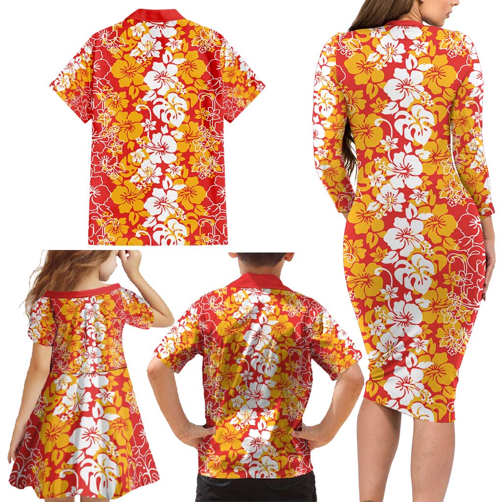 Hawaiian Lei Day Family Matching Long Sleeve Bodycon Dress and Hawaiian Shirt Red Hibiscus Flowers Lei Art
