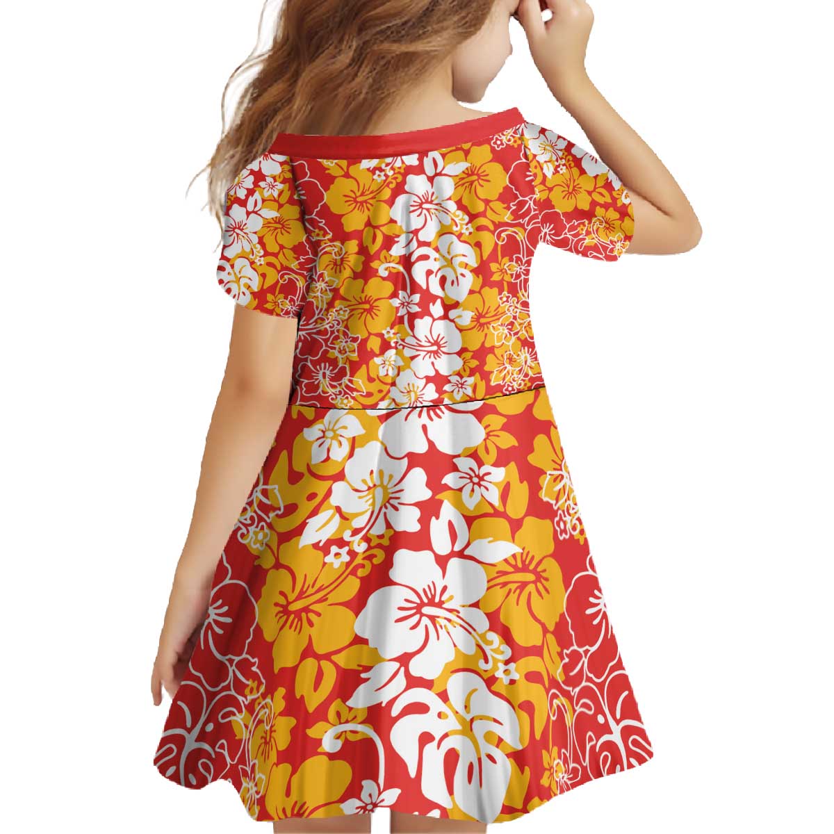 Hawaiian Lei Day Family Matching Off The Shoulder Long Sleeve Dress and Hawaiian Shirt Red Hibiscus Flowers Lei Art