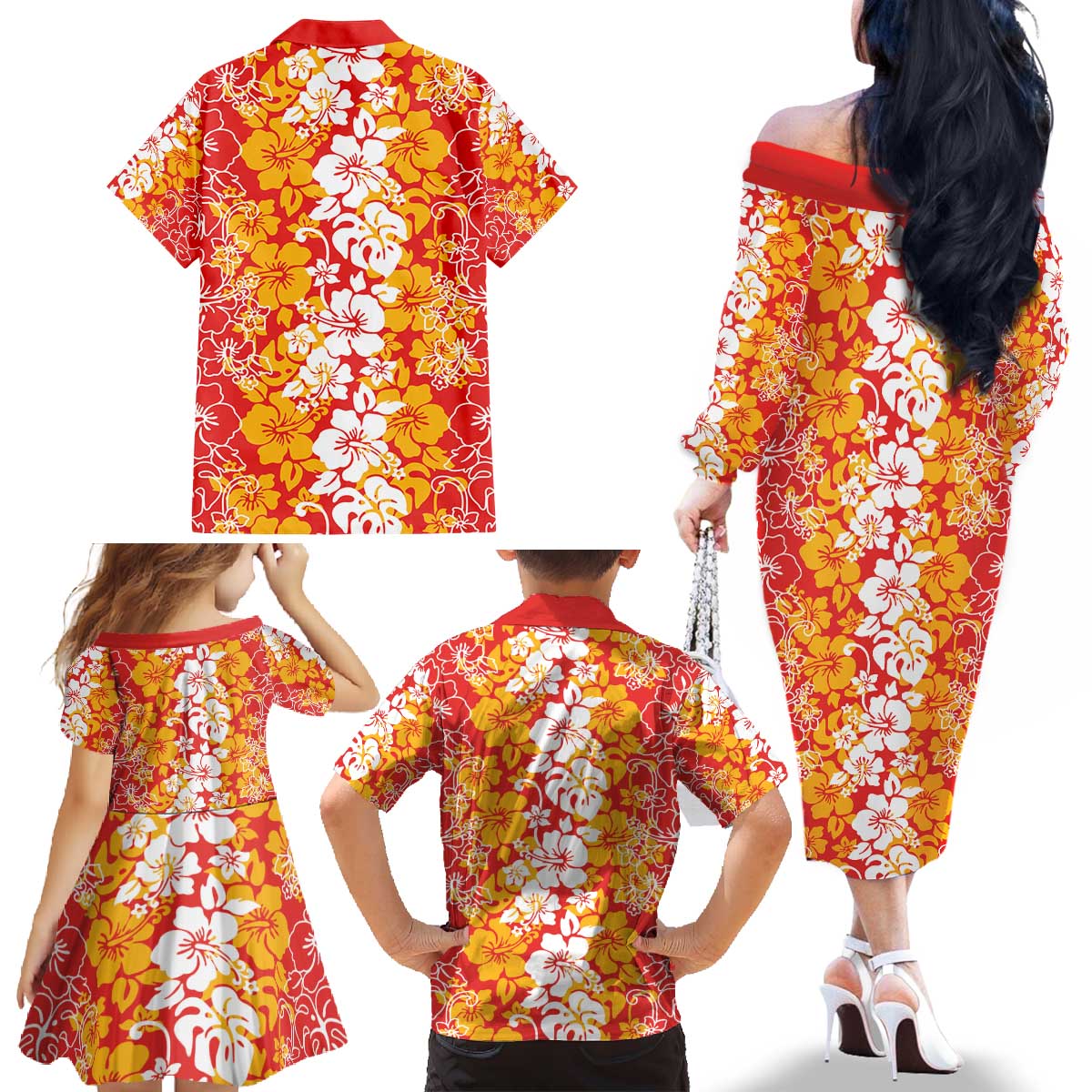 Hawaiian Lei Day Family Matching Off The Shoulder Long Sleeve Dress and Hawaiian Shirt Red Hibiscus Flowers Lei Art