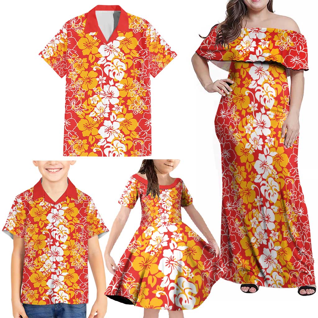 Hawaiian Lei Day Family Matching Off Shoulder Maxi Dress and Hawaiian Shirt Red Hibiscus Flowers Lei Art