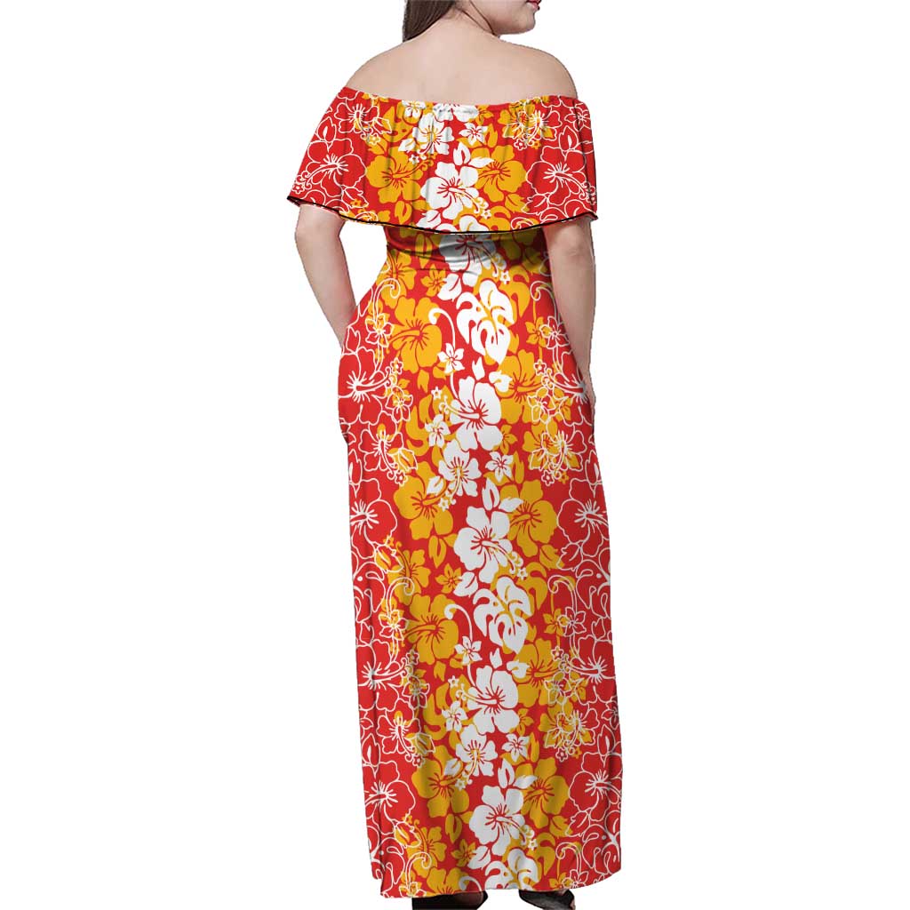 Hawaiian Lei Day Family Matching Off Shoulder Maxi Dress and Hawaiian Shirt Red Hibiscus Flowers Lei Art