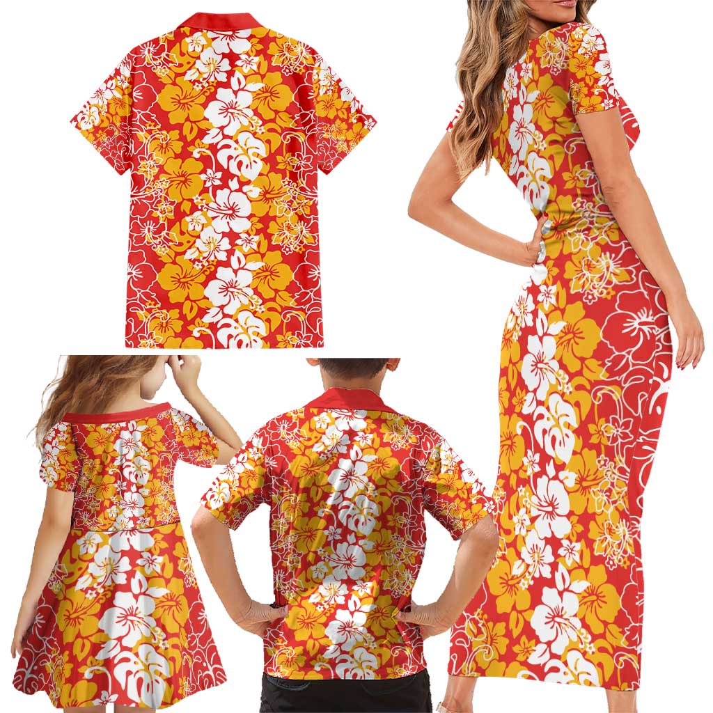 Hawaiian Lei Day Family Matching Short Sleeve Bodycon Dress and Hawaiian Shirt Red Hibiscus Flowers Lei Art