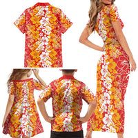 Hawaiian Lei Day Family Matching Short Sleeve Bodycon Dress and Hawaiian Shirt Red Hibiscus Flowers Lei Art