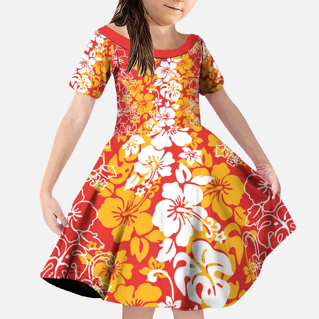 Hawaiian Lei Day Family Matching Summer Maxi Dress and Hawaiian Shirt Red Hibiscus Flowers Lei Art