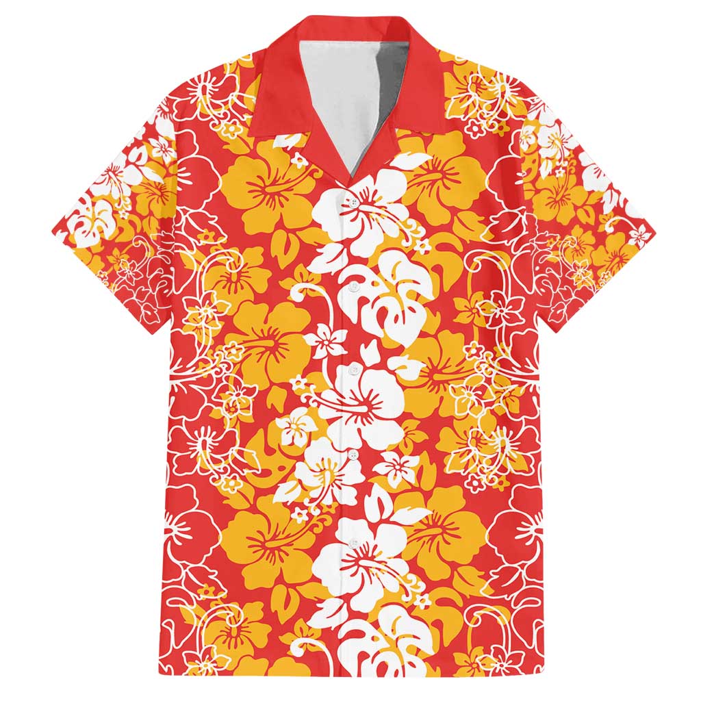 Hawaiian Lei Day Family Matching Tank Maxi Dress and Hawaiian Shirt Red Hibiscus Flowers Lei Art