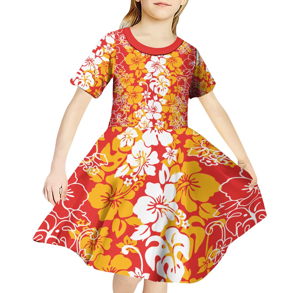 Hawaiian Lei Day Kid Short Sleeve Dress Red Hibiscus Flowers Lei Art