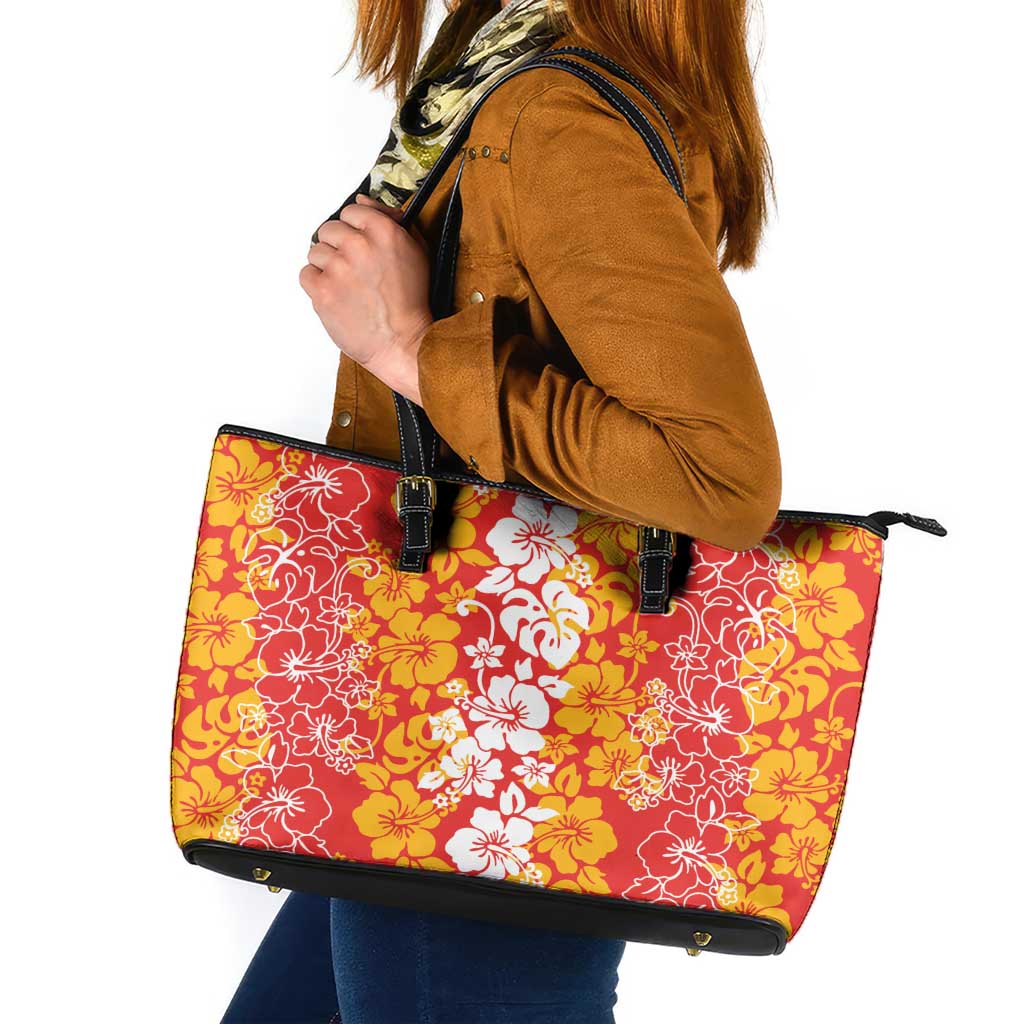 Hawaiian Lei Day Leather Tote Bag Red Hibiscus Flowers Lei Art