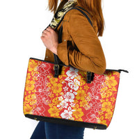 Hawaiian Lei Day Leather Tote Bag Red Hibiscus Flowers Lei Art