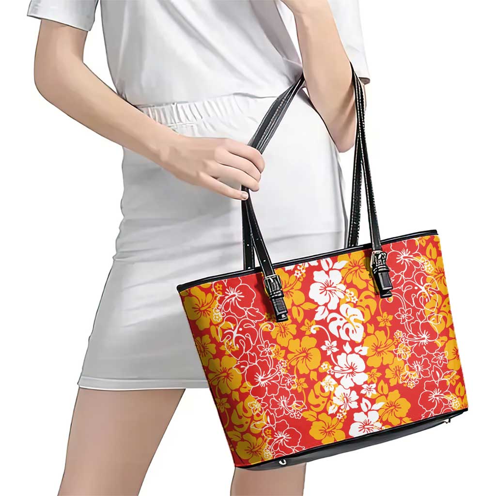 Hawaiian Lei Day Leather Tote Bag Red Hibiscus Flowers Lei Art