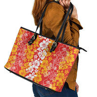 Hawaiian Lei Day Leather Tote Bag Red Hibiscus Flowers Lei Art
