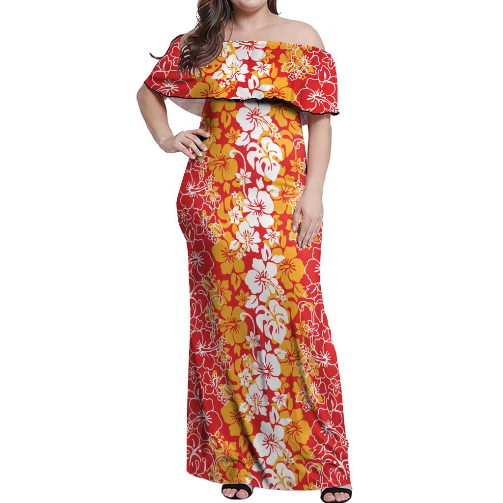 Hawaiian Lei Day Off Shoulder Maxi Dress Red Hibiscus Flowers Lei Art