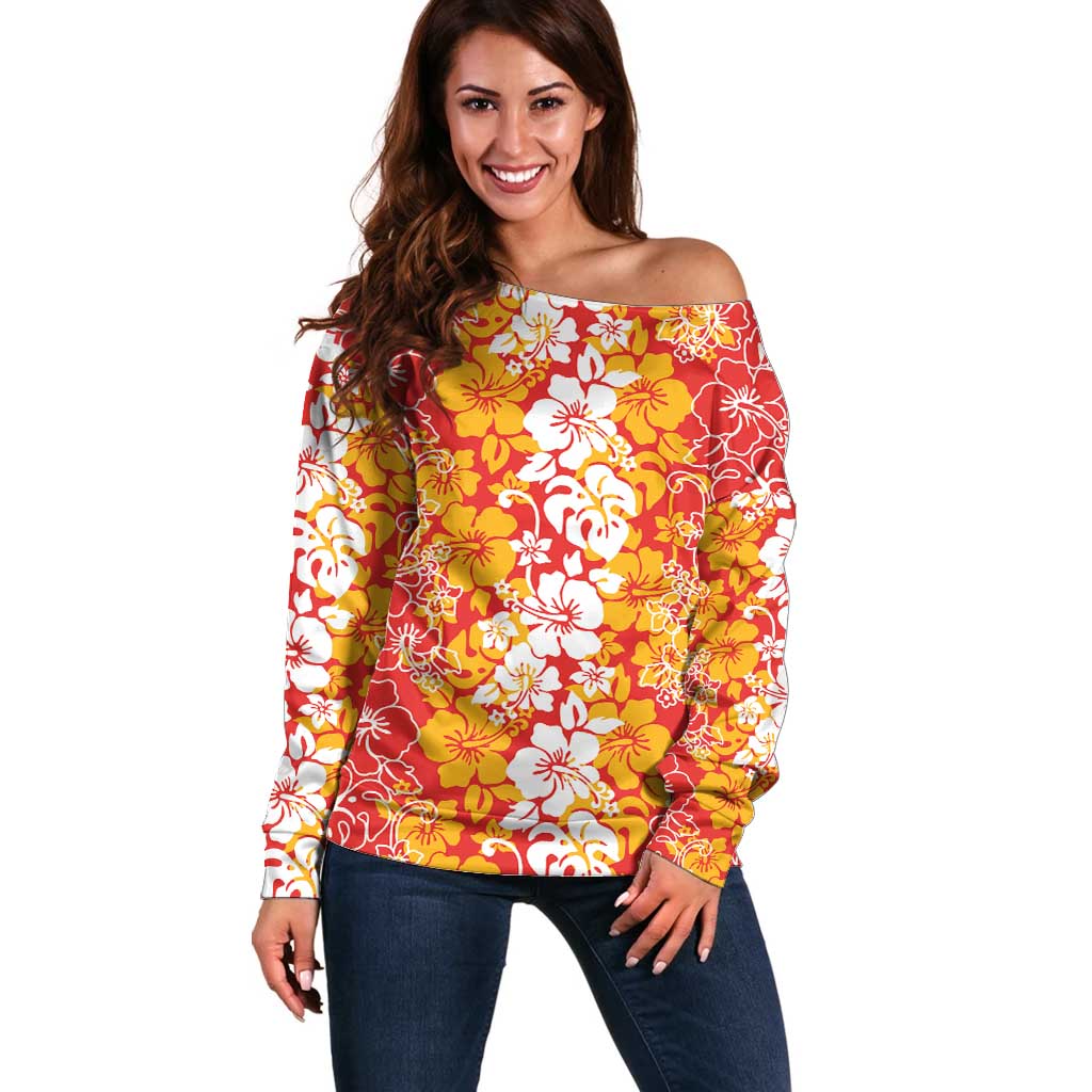 Hawaiian Lei Day Off Shoulder Sweater Red Hibiscus Flowers Lei Art